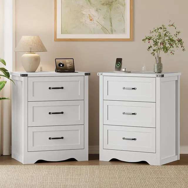Main image of Night Stand Set of 2, 3 Drawers Bedside Table Dresser with Charging Station, Sturdy Wooden End Side Table Storage Cabinet with Anti-Tipping Design for Bedroom
