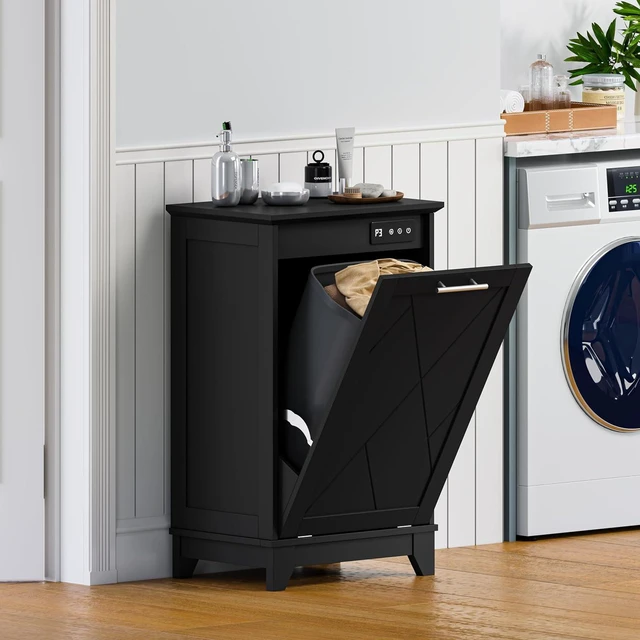 Alt view image 7 of 7 - Tilt Out Trash Can Cabinet, Hidden Trash Can Cabinet with Odor Control, Negative Ion & Ozone, Wooden Laundry Hamper Cabinet, Single Trash Cabinet for Kitchen, Bathroom, Laundry Room, White