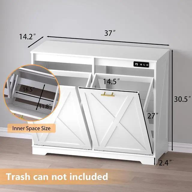 Alt view image 2 of 7 - Tilt Out Trash Can Cabinet for 2 Bins, Hidden Recycle Garbage Bin Enclosure, Wooden Double Laundry Cabinet with Odor Control, Negative Ion & Ozone, for Kitchen, Bathroom, Laundry Room