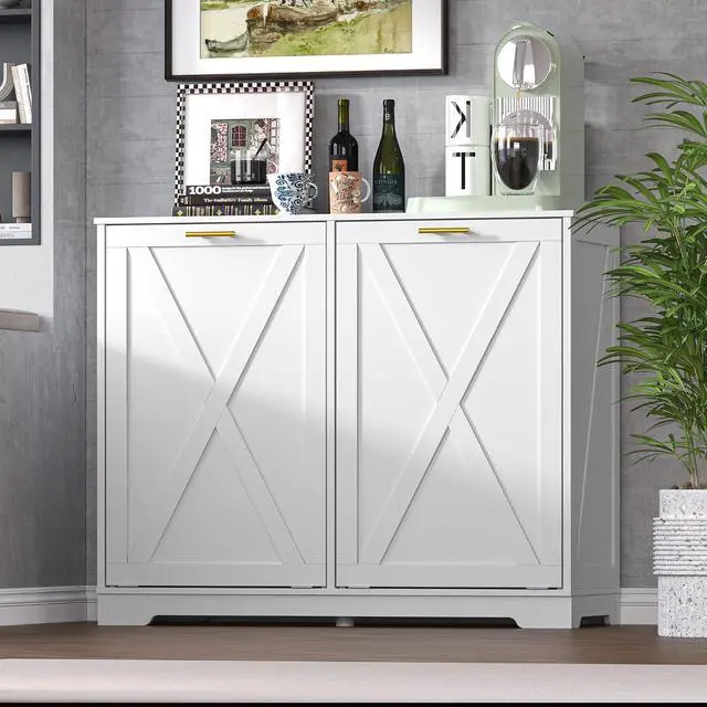 Alt view image 3 of 7 - Tilt Out Trash Can Cabinet for 2 Bins, Hidden Recycle Garbage Bin Enclosure, Wooden Double Laundry Cabinet with Odor Control, Negative Ion & Ozone, for Kitchen, Bathroom, Laundry Room