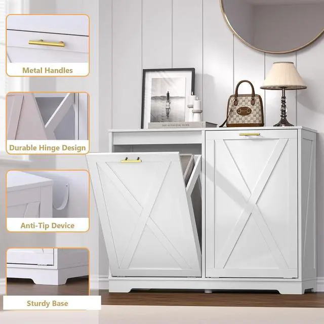 Alt view image 5 of 7 - Tilt Out Trash Can Cabinet for 2 Bins, Hidden Recycle Garbage Bin Enclosure, Wooden Double Laundry Cabinet with Odor Control, Negative Ion & Ozone, for Kitchen, Bathroom, Laundry Room
