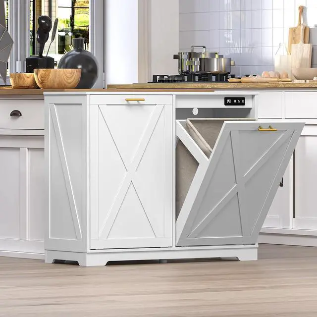 Alt view image 6 of 7 - Tilt Out Trash Can Cabinet for 2 Bins, Hidden Recycle Garbage Bin Enclosure, Wooden Double Laundry Cabinet with Odor Control, Negative Ion & Ozone, for Kitchen, Bathroom, Laundry Room
