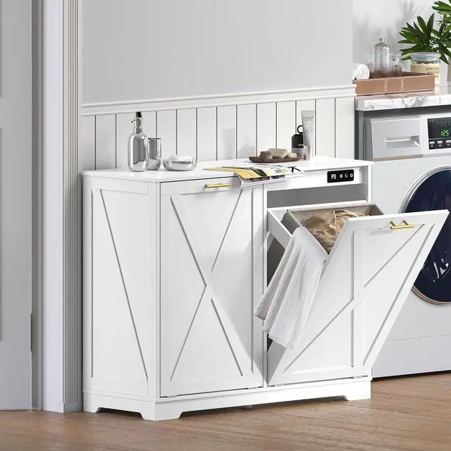 Alt view image 7 of 7 - Tilt Out Trash Can Cabinet for 2 Bins, Hidden Recycle Garbage Bin Enclosure, Wooden Double Laundry Cabinet with Odor Control, Negative Ion & Ozone, for Kitchen, Bathroom, Laundry Room
