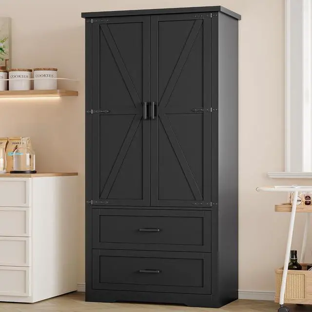 Main image of Pantry Organizers and Storage Cabinet, 71 Barn Door White Kitchen Cabinet with Drawers and Adjustable Shelf, Tall Pantry for Kitchen, Dining Room, Living Room. Bathroom and Office