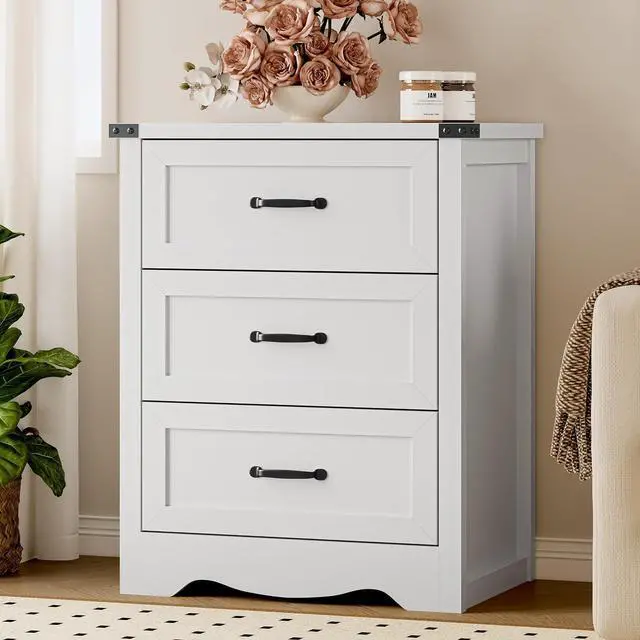Alt view image 7 of 7 - Night Stand with 3 Drawers, Wave Base Bedside Table Dresser with Metal Handles, Sturdy Wooden End Side Table Storage Cabinet with Anti-Tipping Design for Bedroom