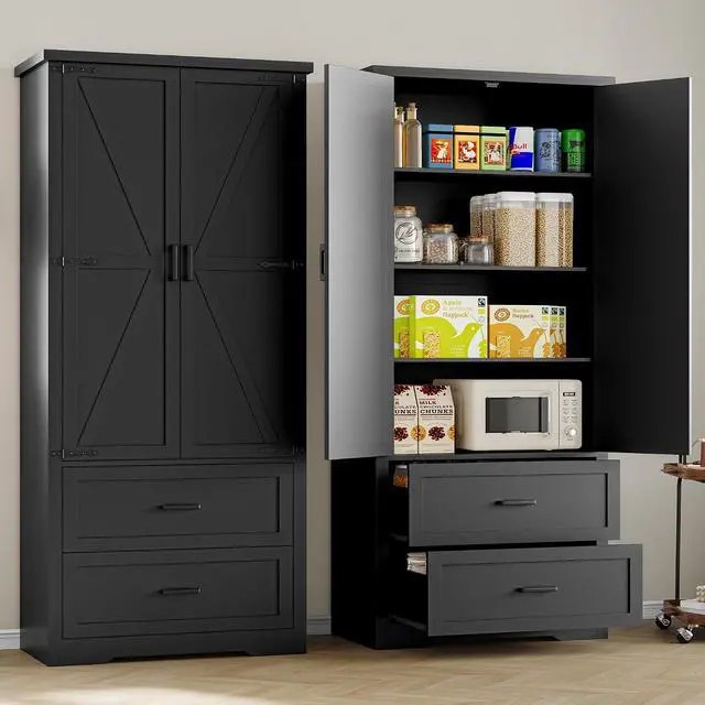 Alt view image 4 of 7 - Pantry Organizers and Storage Cabinet, 71 Barn Door White Kitchen Cabinet with Drawers and Adjustable Shelf, Tall Pantry for Kitchen, Dining Room, Living Room. Bathroom and Office