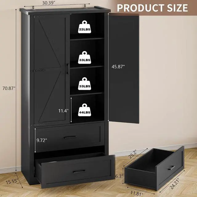 Alt view image 2 of 7 - Pantry Organizers and Storage Cabinet, 71 Barn Door White Kitchen Cabinet with Drawers and Adjustable Shelf, Tall Pantry for Kitchen, Dining Room, Living Room. Bathroom and Office