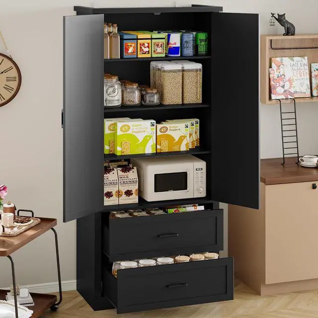 Alt view image 3 of 7 - Pantry Organizers and Storage Cabinet, 71 Barn Door White Kitchen Cabinet with Drawers and Adjustable Shelf, Tall Pantry for Kitchen, Dining Room, Living Room. Bathroom and Office