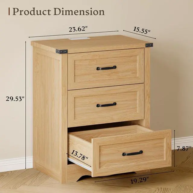 Alt view image 2 of 7 - Night Stand Set of 2, 3 Drawers Bedside Table Dresser with Charging Station, Sturdy Wooden End Side Table Storage Cabinet with Anti-Tipping Design for Bedroom