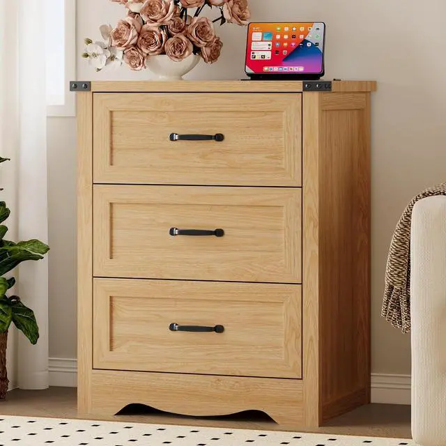 Alt view image 3 of 7 - Night Stand Set of 2, 3 Drawers Bedside Table Dresser with Charging Station, Sturdy Wooden End Side Table Storage Cabinet with Anti-Tipping Design for Bedroom