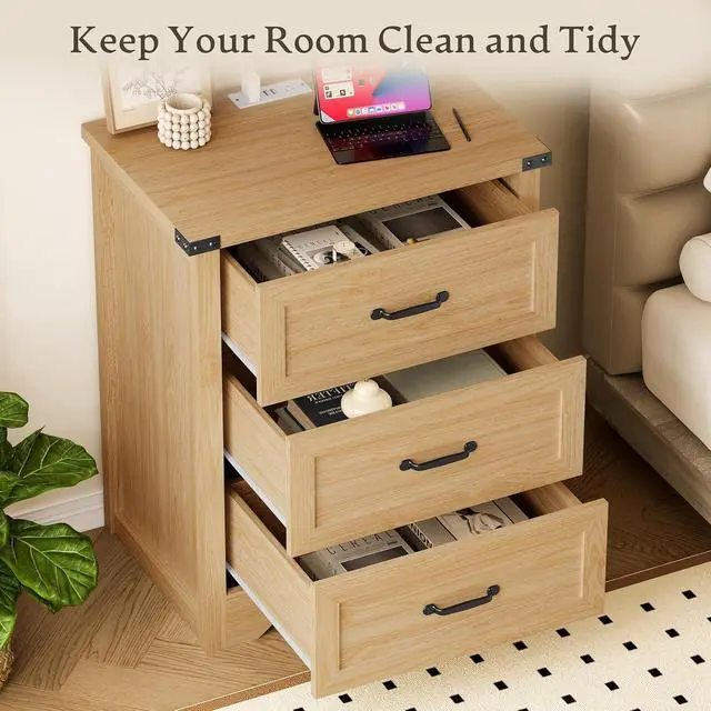 Alt view image 4 of 7 - Night Stand Set of 2, 3 Drawers Bedside Table Dresser with Charging Station, Sturdy Wooden End Side Table Storage Cabinet with Anti-Tipping Design for Bedroom