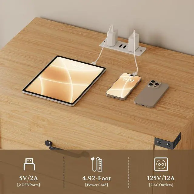 Alt view image 6 of 7 - Night Stand Set of 2, 3 Drawers Bedside Table Dresser with Charging Station, Sturdy Wooden End Side Table Storage Cabinet with Anti-Tipping Design for Bedroom