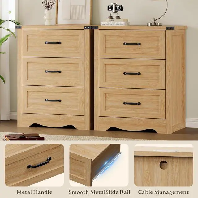 Alt view image 5 of 7 - Night Stand Set of 2, 3 Drawers Bedside Table Dresser with Charging Station, Sturdy Wooden End Side Table Storage Cabinet with Anti-Tipping Design for Bedroom