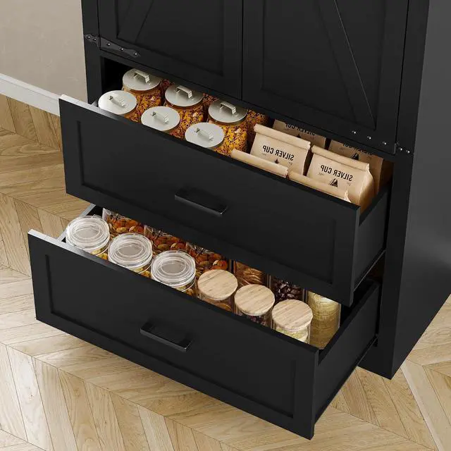 Alt view image 6 of 7 - Pantry Organizers and Storage Cabinet, 71 Barn Door White Kitchen Cabinet with Drawers and Adjustable Shelf, Tall Pantry for Kitchen, Dining Room, Living Room. Bathroom and Office