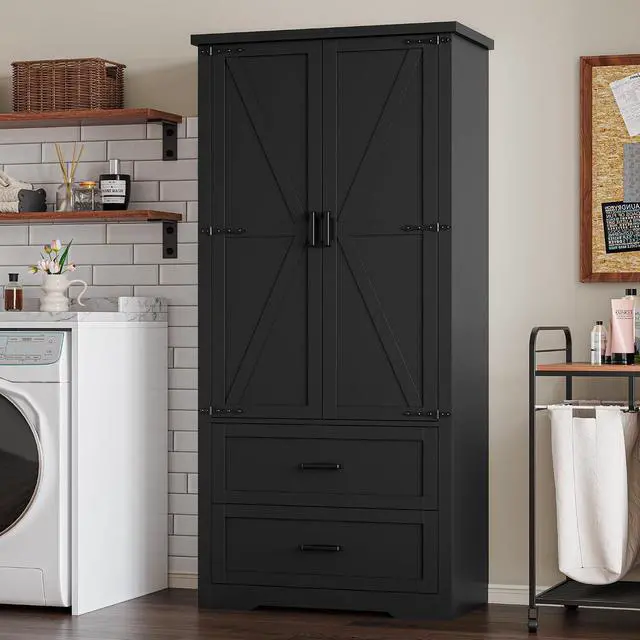 Alt view image 7 of 7 - Pantry Organizers and Storage Cabinet, 71 Barn Door White Kitchen Cabinet with Drawers and Adjustable Shelf, Tall Pantry for Kitchen, Dining Room, Living Room. Bathroom and Office