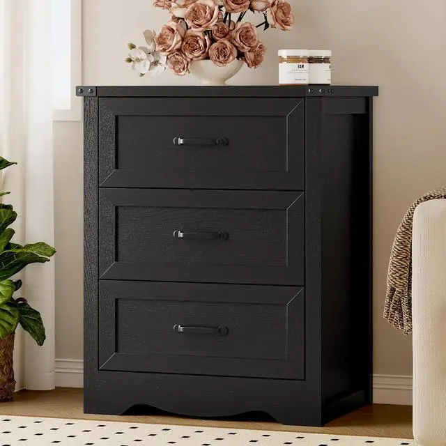 Alt view image 7 of 7 - Night Stand with 3 Drawers, Wave Base Bedside Table Dresser with Metal Handles, Sturdy Wooden End Side Table Storage Cabinet with Anti-Tipping Design for Bedroom
