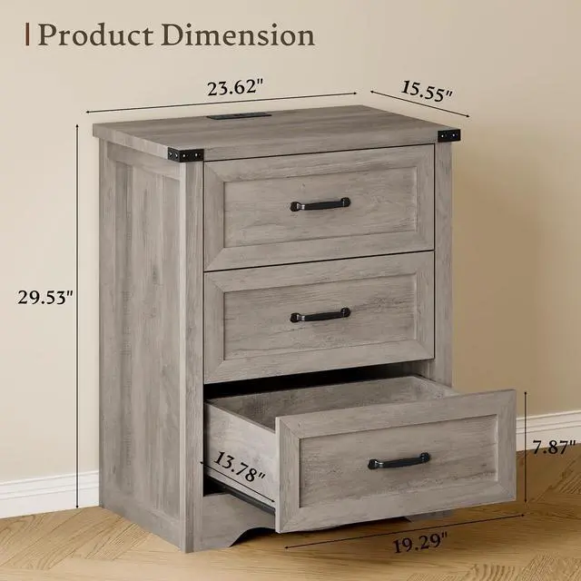 Alt view image 2 of 7 - Night Stand Set of 2, 3 Drawers Bedside Table Dresser with Charging Station, Sturdy Wooden End Side Table Storage Cabinet with Anti-Tipping Design for Bedroom