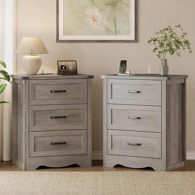 Main image of Night Stand Set of 2, 3 Drawers Bedside Table Dresser with Charging Station, Sturdy Wooden End Side Table Storage Cabinet with Anti-Tipping Design for Bedroom