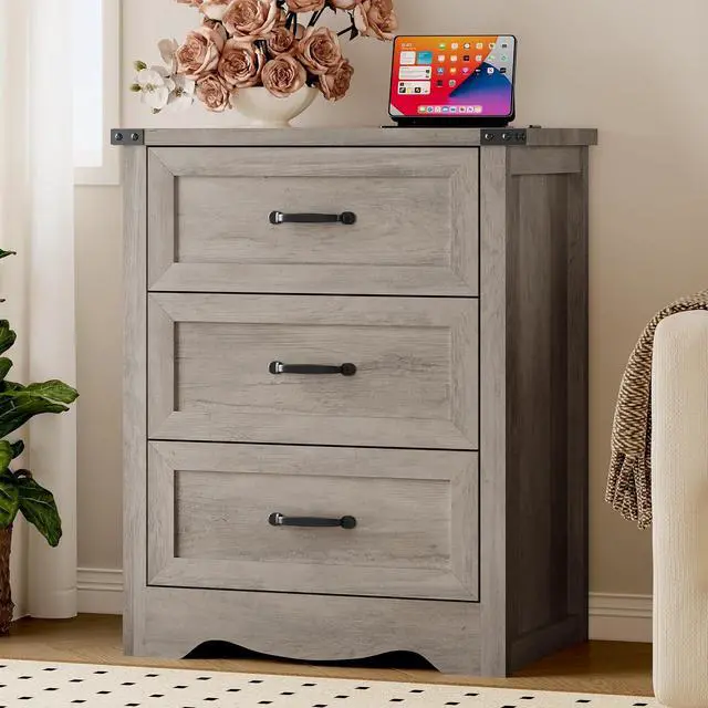 Alt view image 3 of 7 - Night Stand Set of 2, 3 Drawers Bedside Table Dresser with Charging Station, Sturdy Wooden End Side Table Storage Cabinet with Anti-Tipping Design for Bedroom