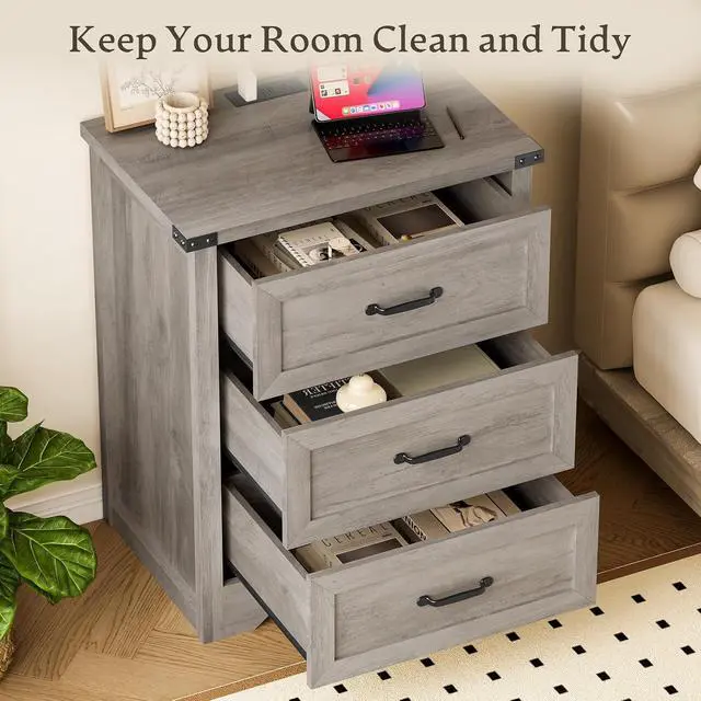 Alt view image 4 of 7 - Night Stand Set of 2, 3 Drawers Bedside Table Dresser with Charging Station, Sturdy Wooden End Side Table Storage Cabinet with Anti-Tipping Design for Bedroom