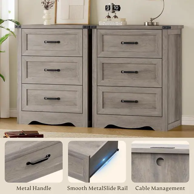 Alt view image 5 of 7 - Night Stand Set of 2, 3 Drawers Bedside Table Dresser with Charging Station, Sturdy Wooden End Side Table Storage Cabinet with Anti-Tipping Design for Bedroom