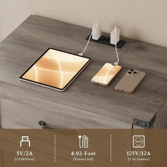 Alt view image 6 of 7 - Night Stand Set of 2, 3 Drawers Bedside Table Dresser with Charging Station, Sturdy Wooden End Side Table Storage Cabinet with Anti-Tipping Design for Bedroom