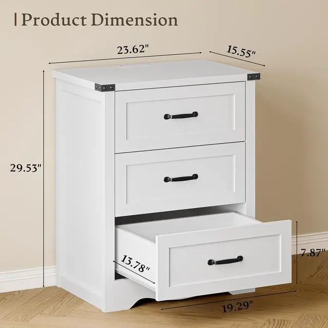 Alt view image 2 of 7 - Night Stand Set of 2, 3 Drawers Bedside Table Dresser with Charging Station, Sturdy Wooden End Side Table Storage Cabinet with Anti-Tipping Design for Bedroom