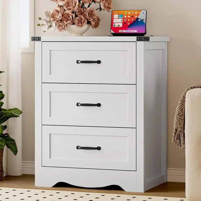 Alt view image 3 of 7 - Night Stand Set of 2, 3 Drawers Bedside Table Dresser with Charging Station, Sturdy Wooden End Side Table Storage Cabinet with Anti-Tipping Design for Bedroom