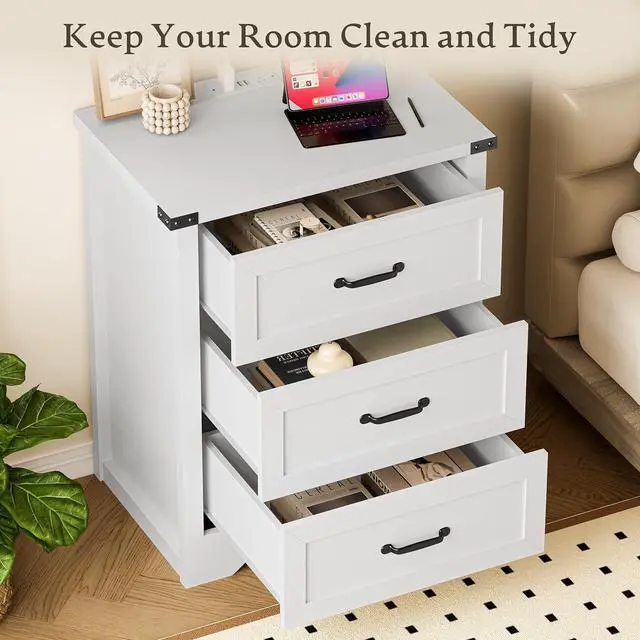 Alt view image 4 of 7 - Night Stand Set of 2, 3 Drawers Bedside Table Dresser with Charging Station, Sturdy Wooden End Side Table Storage Cabinet with Anti-Tipping Design for Bedroom