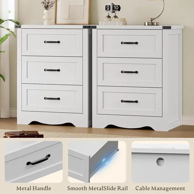 Alt view image 5 of 7 - Night Stand Set of 2, 3 Drawers Bedside Table Dresser with Charging Station, Sturdy Wooden End Side Table Storage Cabinet with Anti-Tipping Design for Bedroom