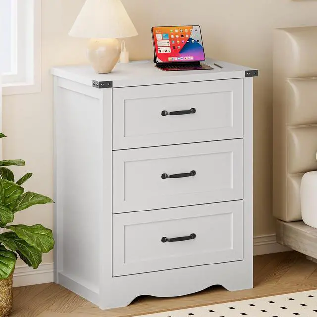 Main image of Night Stand with Charging Station, Wave Base Bedside Table Dresser with Metal Handles, Sturdy Wooden End Side Table Storage Cabinet with Anti-Tipping Design for Bedroom