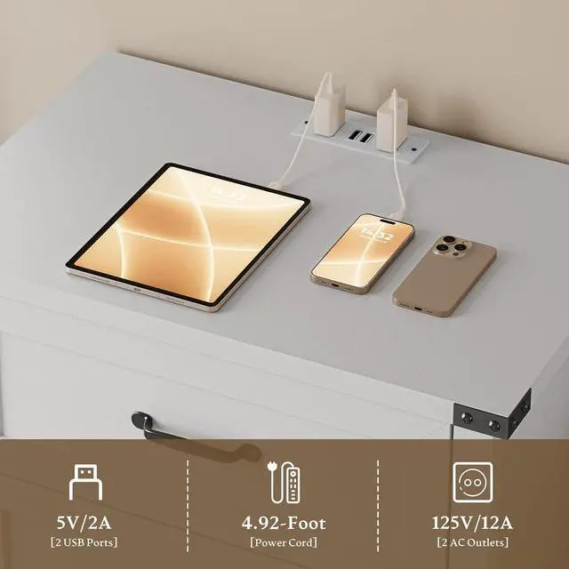 Alt view image 6 of 7 - Night Stand Set of 2, 3 Drawers Bedside Table Dresser with Charging Station, Sturdy Wooden End Side Table Storage Cabinet with Anti-Tipping Design for Bedroom
