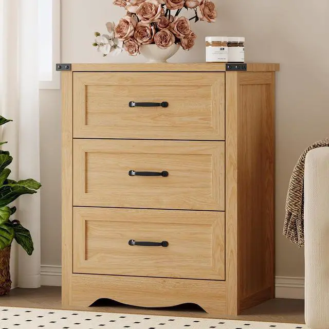Alt view image 7 of 7 - Night Stand Set of 2, 3 Drawers Bedside Table Dresser with Metal Handles, Sturdy Wooden End Side Table Storage Cabinet with Anti-Tipping Design for Bedroom