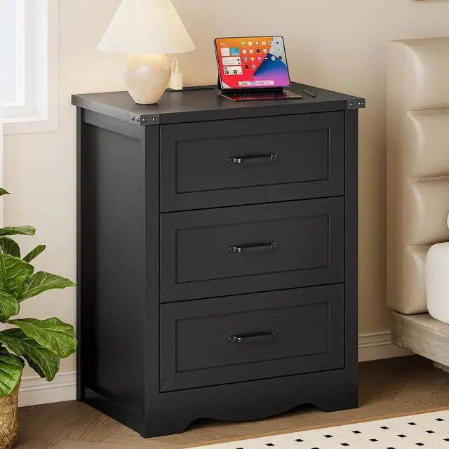Main image of Night Stand with Charging Station, Wave Base Bedside Table Dresser with Metal Handles, Sturdy Wooden End Side Table Storage Cabinet with Anti-Tipping Design for Bedroom