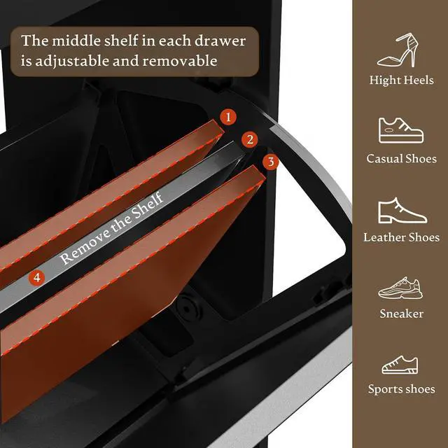 Alt view image 7 of 7 - Shoe Storage Cabinet for Entryway, Farmhouse Narrow Shoe Cabinet with 3 Flip Drawers & 2 Top Drawers, Adjustable Shelves & Hooks, Freestanding Hidden Rack Organizer for Hallway, Foyer