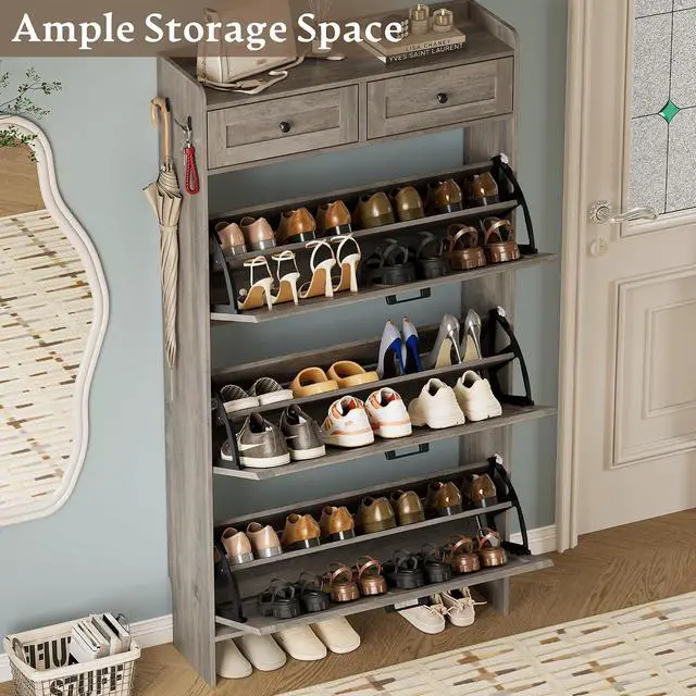 Alt view image 3 of 7 - Shoe Storage Cabinet for Entryway, Farmhouse Narrow Shoe Cabinet with 3 Flip Drawers & 2 Top Drawers, Adjustable Shelves & Hooks, Freestanding Hidden Rack Organizer for Hallway, Foyer