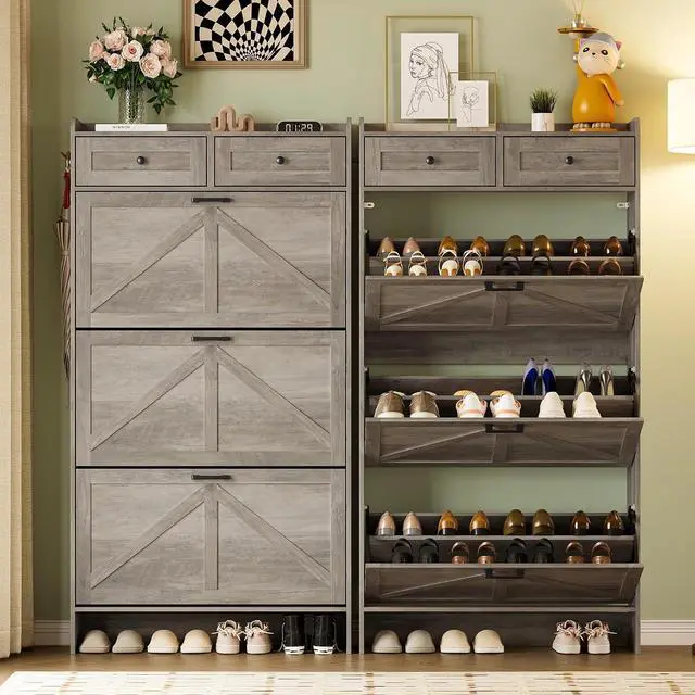 Alt view image 4 of 7 - Shoe Storage Cabinet for Entryway, Farmhouse Narrow Shoe Cabinet with 3 Flip Drawers & 2 Top Drawers, Adjustable Shelves & Hooks, Freestanding Hidden Rack Organizer for Hallway, Foyer