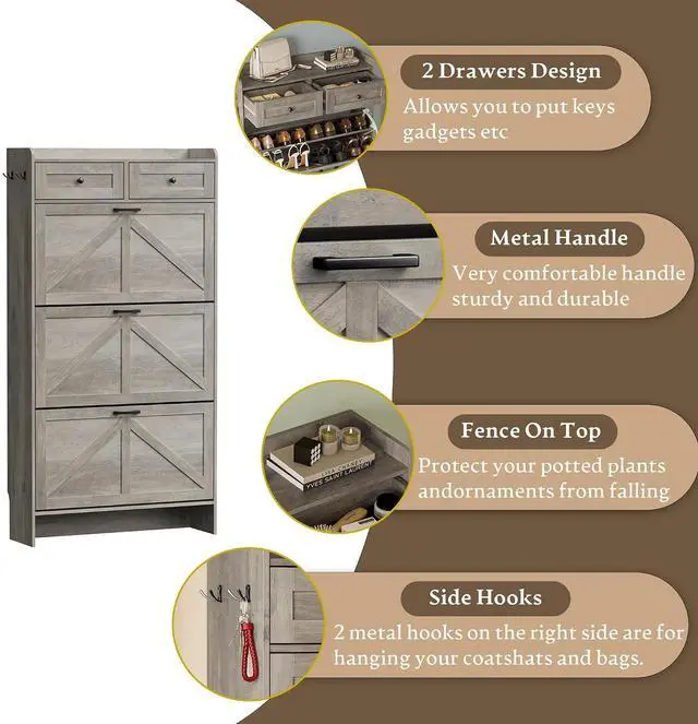 Alt view image 6 of 7 - Shoe Storage Cabinet for Entryway, Farmhouse Narrow Shoe Cabinet with 3 Flip Drawers & 2 Top Drawers, Adjustable Shelves & Hooks, Freestanding Hidden Rack Organizer for Hallway, Foyer