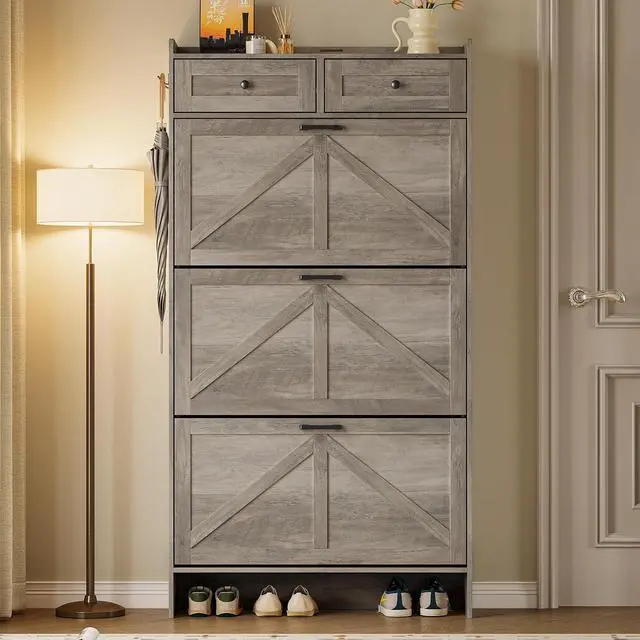 Alt view image 5 of 7 - Shoe Storage Cabinet for Entryway, Farmhouse Narrow Shoe Cabinet with 3 Flip Drawers & 2 Top Drawers, Adjustable Shelves & Hooks, Freestanding Hidden Rack Organizer for Hallway, Foyer