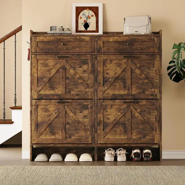Alt view image 5 of 7 - Shoe Storage Cabinet for Entryway, Farmhouse Wide Shoe Cabinet with 4 Flip Drawers and 2 Top Drawers, Freestanding Organizer with Adjustable Shelves, Hooks, and Anti-Tip Kit for Hallway