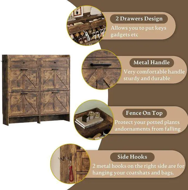 Alt view image 6 of 7 - Shoe Storage Cabinet for Entryway, Farmhouse Wide Shoe Cabinet with 4 Flip Drawers and 2 Top Drawers, Freestanding Organizer with Adjustable Shelves, Hooks, and Anti-Tip Kit for Hallway