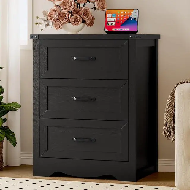 Alt view image 3 of 7 - Night Stand Set of 2, 3 Drawers Bedside Table Dresser with Charging Station, Sturdy Wooden End Side Table Storage Cabinet with Anti-Tipping Design for Bedroom