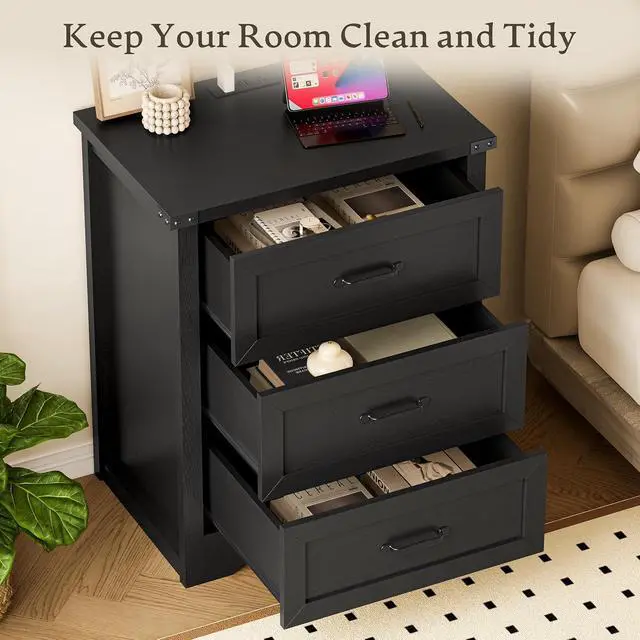 Alt view image 4 of 7 - Night Stand Set of 2, 3 Drawers Bedside Table Dresser with Charging Station, Sturdy Wooden End Side Table Storage Cabinet with Anti-Tipping Design for Bedroom