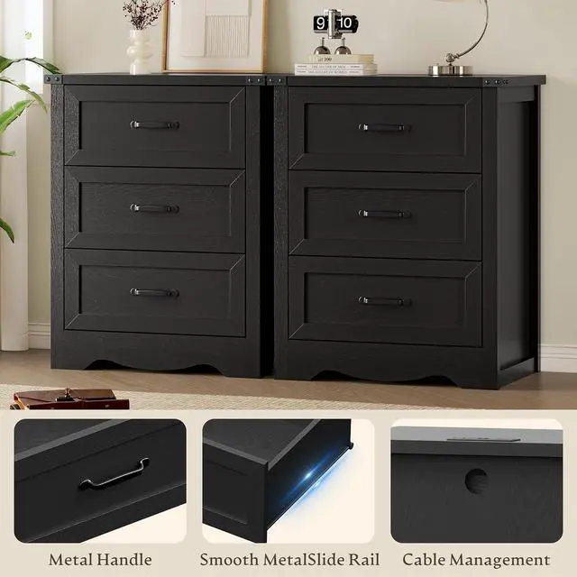 Alt view image 5 of 7 - Night Stand Set of 2, 3 Drawers Bedside Table Dresser with Charging Station, Sturdy Wooden End Side Table Storage Cabinet with Anti-Tipping Design for Bedroom