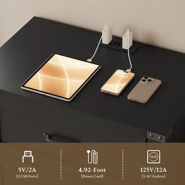 Alt view image 6 of 7 - Night Stand Set of 2, 3 Drawers Bedside Table Dresser with Charging Station, Sturdy Wooden End Side Table Storage Cabinet with Anti-Tipping Design for Bedroom