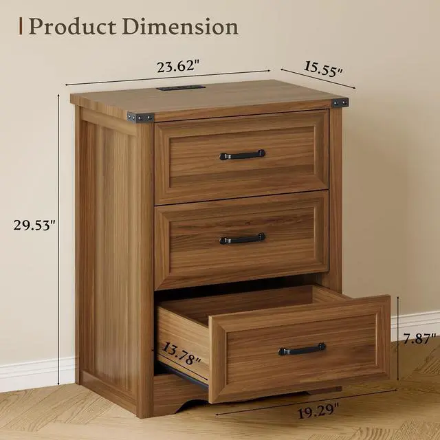 Alt view image 2 of 7 - Night Stand Set of 2, 3 Drawers Bedside Table Dresser with Charging Station, Sturdy Wooden End Side Table Storage Cabinet with Anti-Tipping Design for Bedroom