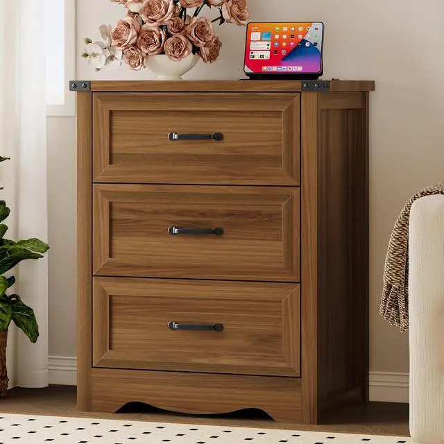 Alt view image 3 of 7 - Night Stand Set of 2, 3 Drawers Bedside Table Dresser with Charging Station, Sturdy Wooden End Side Table Storage Cabinet with Anti-Tipping Design for Bedroom