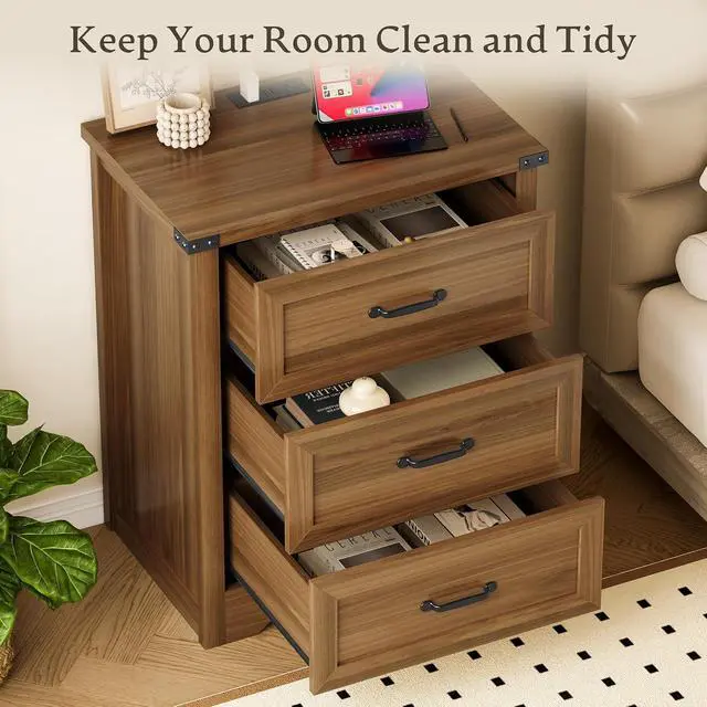 Alt view image 4 of 7 - Night Stand Set of 2, 3 Drawers Bedside Table Dresser with Charging Station, Sturdy Wooden End Side Table Storage Cabinet with Anti-Tipping Design for Bedroom