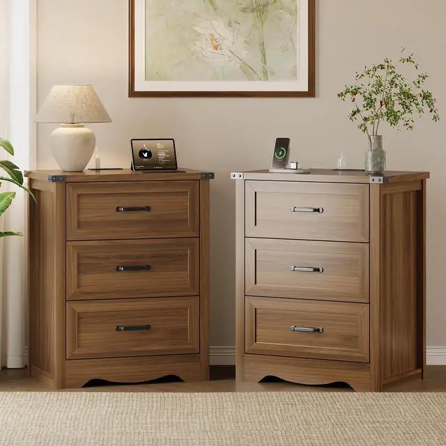 Main image of Night Stand Set of 2, 3 Drawers Bedside Table Dresser with Charging Station, Sturdy Wooden End Side Table Storage Cabinet with Anti-Tipping Design for Bedroom