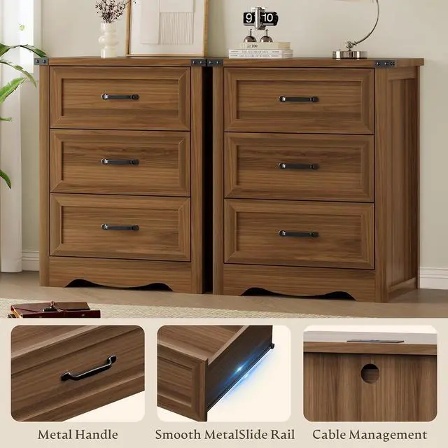 Alt view image 5 of 7 - Night Stand Set of 2, 3 Drawers Bedside Table Dresser with Charging Station, Sturdy Wooden End Side Table Storage Cabinet with Anti-Tipping Design for Bedroom